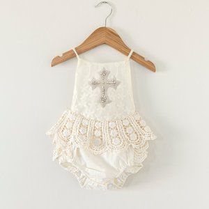 Baptism Dress Christening Outfit Dress Clothes Beige Ivory Romper lace